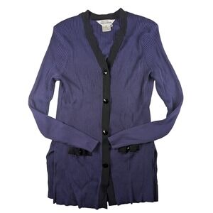 Misook‎ Exclusively Purple Black Trim Ribbed Knit Cardigan Bow Detail Medium